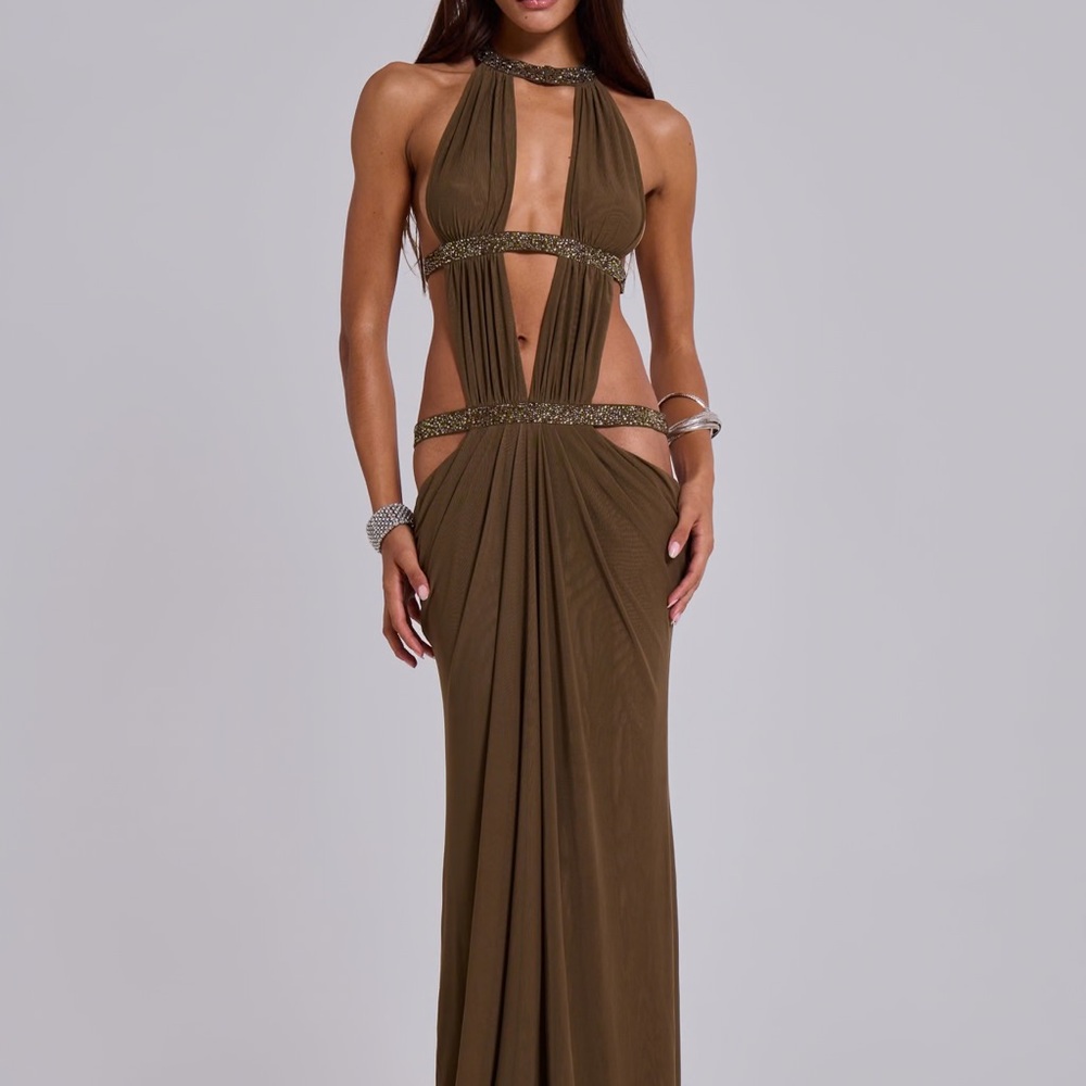 Jaded London Olive Cutout Halter Backless Evening Gown